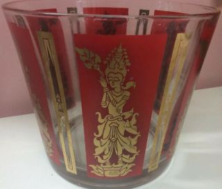 Vintage Retro Mid Century Bar,  Glass Ice Bucket Red & Gold Design Culver