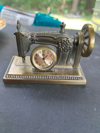 Quartz Miniature Pewter Metal Sewing Machine Clock Vintage W/new Battery