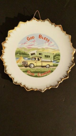 Vintage God Bless Our Camper Truck Fine China Collector Plate Gold Trim Japan