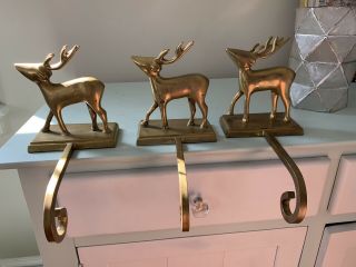 Vintage Heavy Polished Brass Reindeer Christmas Stocking Holder Hanger Set Of 3