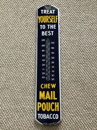 1920s 30s Antique Chew Mail Pouch Tobacco Porcelain Thermometer Sign