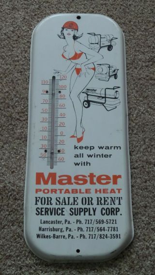 Vintage Master Portable Heat Tin Thermometer Girl In Orange Bikini