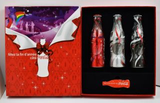 Htf Full 2007 Christmas Aluminum Coca Cola 3 Bottle Box Set From Coke France