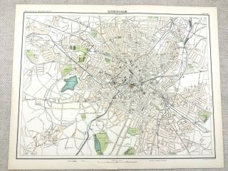 1890 Antique Map Of Birmingham City Town Plan 19th Century