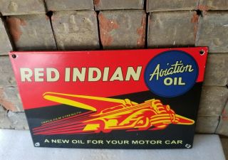Vintage Red Indian Gasoline Porcelain Gas Aviation Oil Service Station Pump Sign