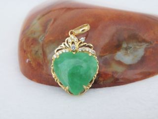 18k Solid Yellow Gold Green Jadeite Jade,  White Topaz Heart Pendant