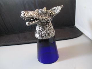 Vintage Wolf Head Stirrup Shot Glass Cobalt Blue Glass Pewter Werewolf Creepy