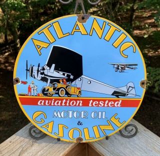 Vintage Atlantic Gasoline Porcelain Sign,  Pump Plate,  Gas,  Motor Oil,  Aviation