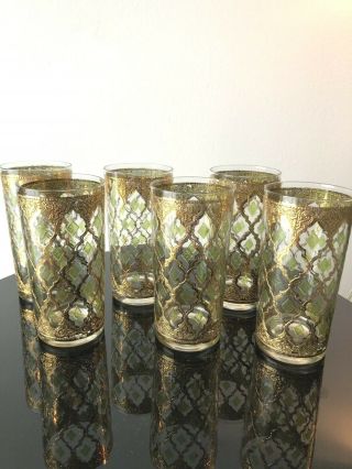 6 Vintage Culver Valencia Gold Green Diamond Tumbler Drinking Glasses