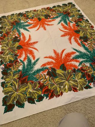 Vtg Mid Century Cotton Print Tablecloth Hibiscus Ferns