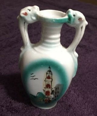 Vintage Japanese Porcelain Ceramic Double Dragon Handle Scenic Bud Vase 4”