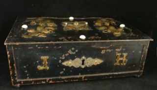 European Iron Strong Box,  C.  1860’s.  Partial Gilt Decorated Floral Top.  14” X 9”