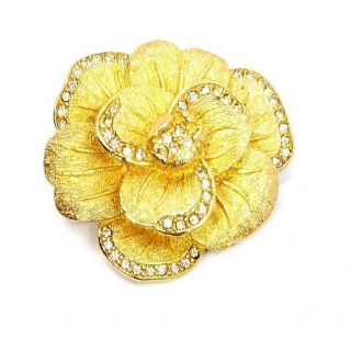 Vintage Christian Dior Brushed Gold Tone Crystal Rhinestone Flower Brooch Pin