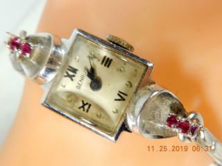 Vintage Benrus Ladies 14k White Gold And Rubies Mechanical Watch Radley Band