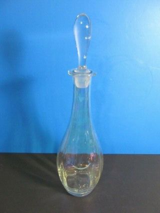 Vintage Hand Blown Iridescent Ribbed Decor Clear Art Glass Decanter 16.  5 " Tall