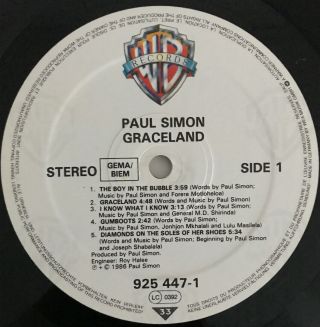 PAUL SIMON GRACELAND LP WARNER BROS 1986 GERMAN ALSDORF PRESS NR PRO 3