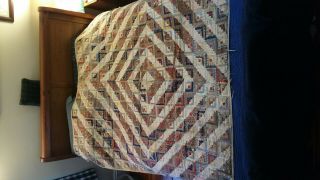 Vintage Handmade Quilt 72 " X 70 " Blues And Browns,  Square And Diamond Pattern