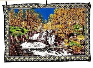 Vintage Cotton Forest Scene With Waterfall Tapestry Wall Hanging Made In Turkey