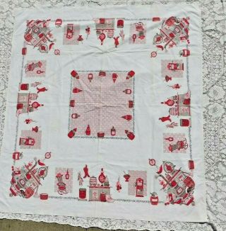VINTAGE 1940 ' s OLD FASHION KITCHEN PRINT FABRIC TABLECLOTH PINK GRAY RED WHITE 2