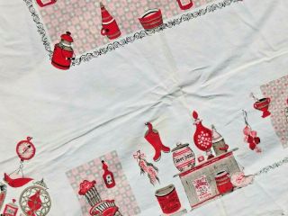 VINTAGE 1940 ' s OLD FASHION KITCHEN PRINT FABRIC TABLECLOTH PINK GRAY RED WHITE 3