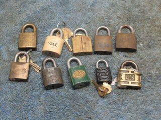 10 Different Old Miniature Padlock Lock.  4 W/key.  Corbin,  Yale,  Alpha,  Eagle.  N/r