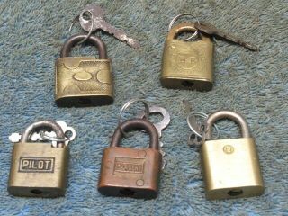 5 Different Old Brass Miniature Padlock Lock All W/key Pilot,  Tim,  Sargent.  N/r