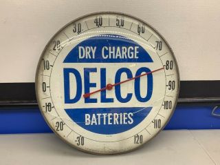 Vintage 12” Round Delco Dry Charge Batteries Automotive Advertising Thermometer.