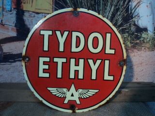 Old Vintage Flying A Tydol Ethyl Gasoline Porcelain Enamel Gas Pump Sign
