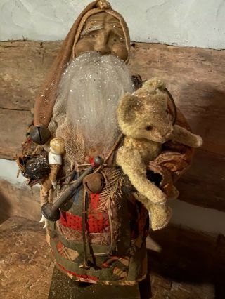 Arnett’s Country Store OOAK Santa/Early Log Cabin Coat/Doll/Mohair Bear/Tin Horn 2