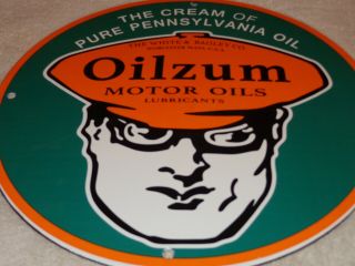 Vintage Oilzum Motor Oils & Lubricants 11 3/4 " Porcelain Metal Gasoline Oil Sign