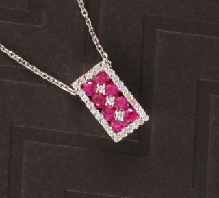 Magical Estate 14k White Gold Natural Ruby & Diamond Bar Pendant Chain Necklace