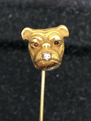 Antique 14k Gold Victorian Boxer Bull Dog Stick Pin Diamonds & Ruby Accents