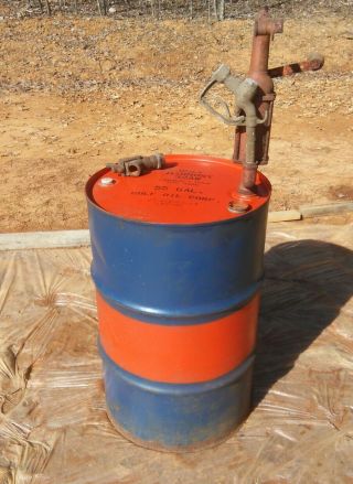 Vintage Empty 55 Gallon Gulf Oil Drum Barrel With Hand Pour Pump