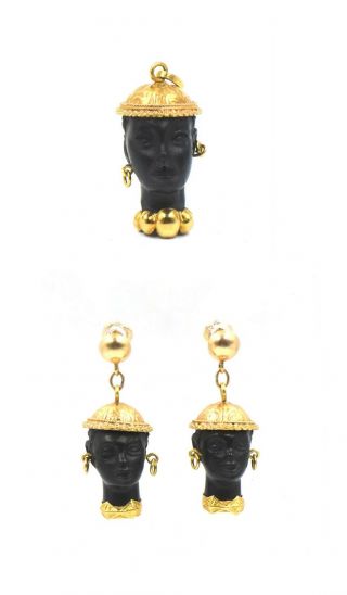 Vintage Blackamoor Earring Pendant Collector Suite 18k Yellow Gold Signed 84 Fi