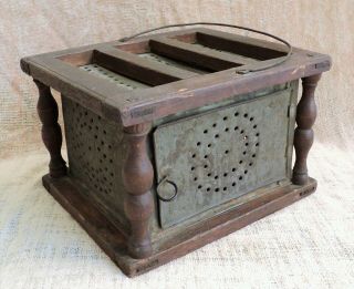 Antique Foot Warmer Punched Pierced Tin Wood Heart Designs W/ Coal Cup & Handle