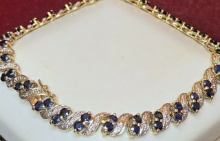 Vintage 10k Yellow Gold Blue Sapphire Cabochon & Diamond Bracelet Signed