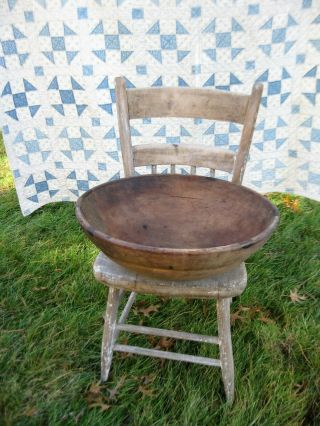 Huge Early Antique Wood Dough Bowl W Rim Old Tin Repair 19 - 1/2 "