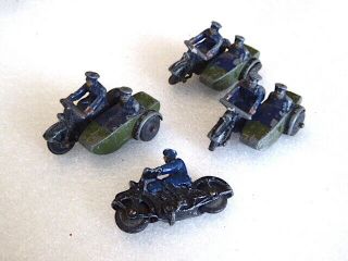 4 Dinky Police Motor Cycle Models From The 1940s (three With Sidecar,  One Solo)