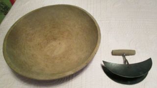 Antique 15 1/4 " Wooden Oval Chop/dough Bowl With Double Bladed Chopper