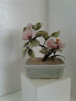 Vintage Glass Jade Bonsai Sakura Cherry Blossom Tree In Celadon Green Pot