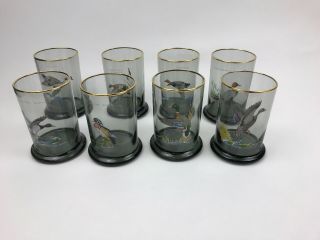Set Of 8 Vintage Ned Smith Water Fowl Ducks Smoky Lowball Glasses Barware