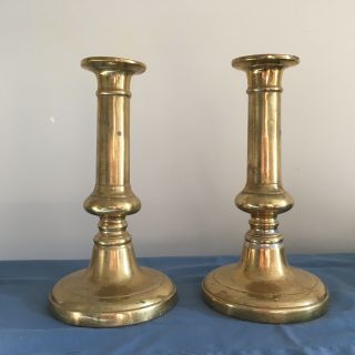 Pair Antique C 1840 Heavy Brass Push Up Candlesticks