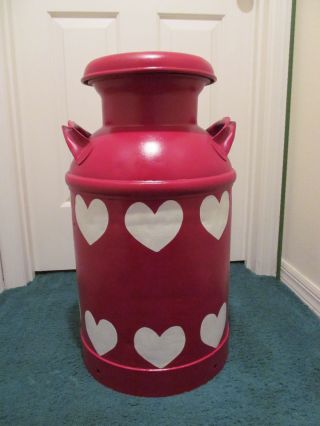 Antique 10 Gallons Vintage Milk Can Folk Art Red Painting With White Hearts Can