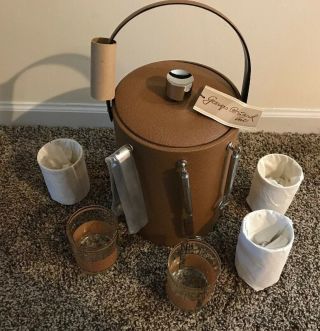 Vtg Georges Briard Tall Ice Bucket Set & 5 Old Fashioned Glasses Leather Like