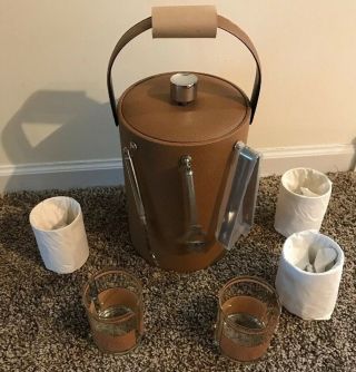 VTG Georges Briard Tall Ice Bucket SET & 5 Old Fashioned Glasses Leather Like 2