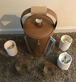 VTG Georges Briard Tall Ice Bucket SET & 5 Old Fashioned Glasses Leather Like 3