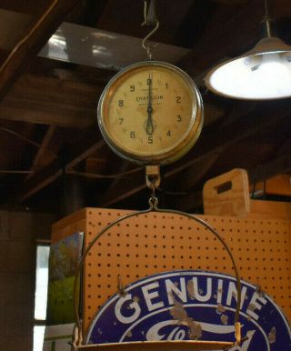 L4971 - Chatillon Antique 20 Lb Hanging Scale W/ Tray General Store Tool