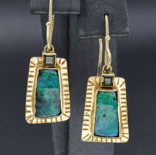 Vintage 14k Yellow Gold Black Opal & Green Tourmaline Dangle Earrings 4.  2g