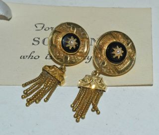 Antique 14k Gold Black Onyx Pearl Dangle Tassel Screw Back Earrings Victorian
