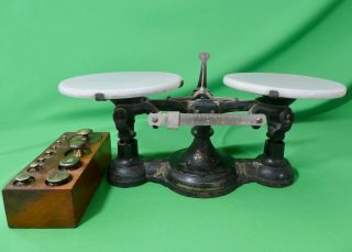 Antique Cast Iron Fairbanks Equal Arm Balance Scale For Table Top,  11 Weights